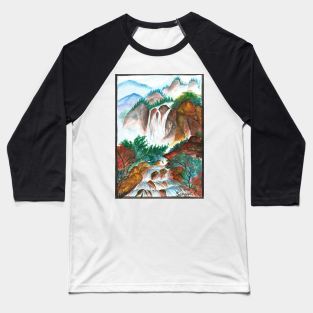 Waterfall over the mountains ink painting Baseball T-Shirt